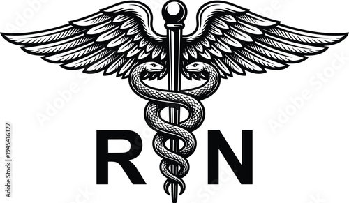 Registered nurse symbol RN, caduceus medical emblem with wings and snakes, healthcare profession icon, nursing logo vector illustration