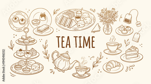 A charming tea time illustration featuring various baked goods, teacups, and utensils in a whimsical line drawing style on a beige background with warm brown lines and text.