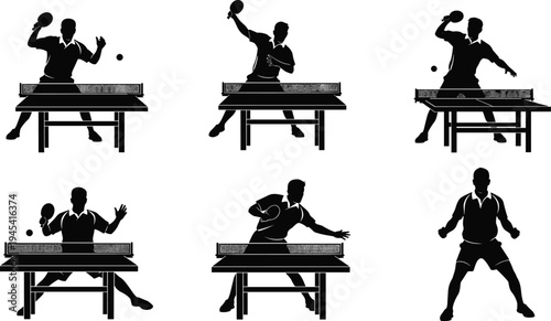 Set of diverse table tennis player silhouettes, captured in different dynamic poses while playing, serving, and reacting, illustrating the fast-paced sport