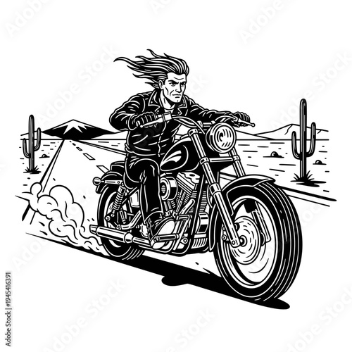 Dynamic illustration of a biker riding a motorcycle with flowing hair.