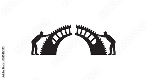 Illustration of two workers assembling large gear pieces together in a factory setting