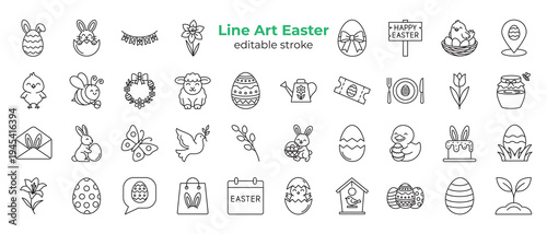 38 black and white easter line art icons with editable stroke. Festive symbols including egg, bunny, chick, flowers, wreath, basket, bee, bird, and other minimalist spring elements.