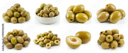 Green and brown olives in piles and a bowl on white background