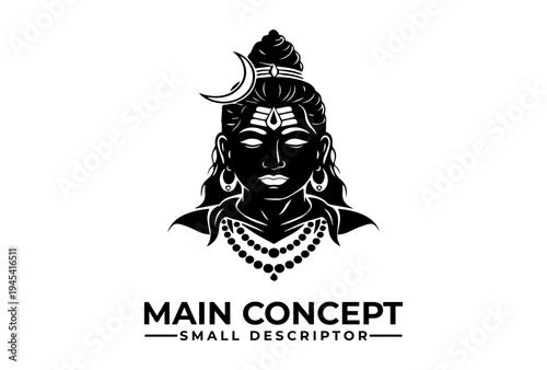 A black and white illustration of Lord Shiva's face with a serene expression, adorned with a crescent moon and beads, symbolizing maha shivaratri in a simple, graphic design.
