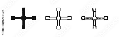 Lug Wrench Icon Set. Cross Wrench Tool for Wheel Nuts Symbol in Different Styles. Vector Illustration.