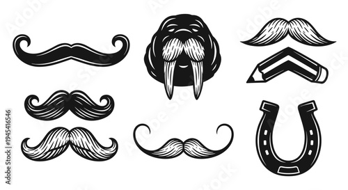 Vintage Mustache and Walrus Head with Horseshoe and Pencil Set.