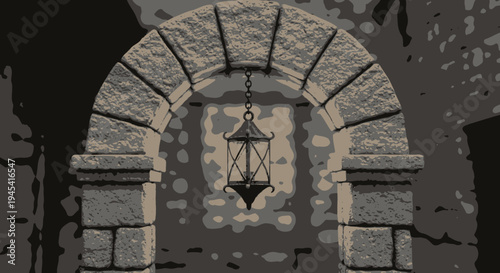 Ornate stone archway with a decorative hanging lantern, vintage architectural detail evoking a historic or medieval atmosphere.