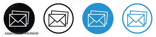 Classic envelope icon set representing email, messaging, and digital correspondence. Clean outline and filled styles in blue and black for contact pages, newsletters, and mail notifications.