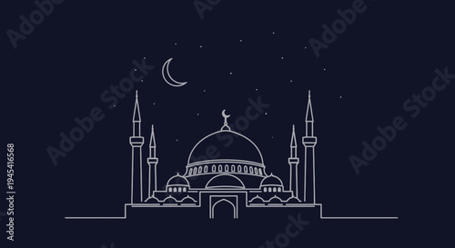 Minimalist mosque outline illustration with crescent moon and stars on a dark night sky. Islamic architecture line art.