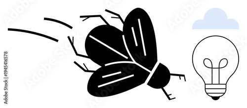 Innovation concept. A black and white fly in motion alongside a bulb and cloud s innovation. Innovation in technology, nature, renewable energy, sustainability, and problem-solving