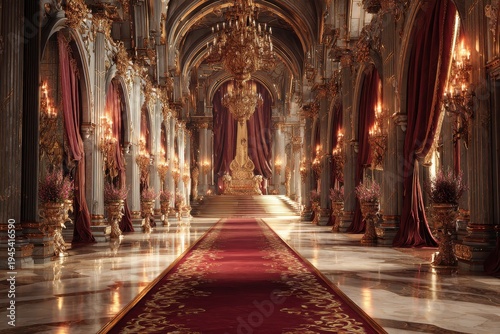 Opulent throne chamber with warm golden light, long crimson carpet, and a stately throne on a raised dais