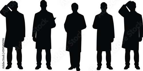 Set of doctor silhouettes, male medical workers, professional, healthcare, scientist, lab coat, man in uniform, vector illustration, isolated on white.