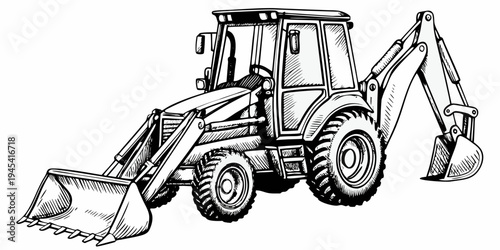 Industrial Backhoe Loader Tractor Illustration - Construction Excavator Earthmover Machine Sketch