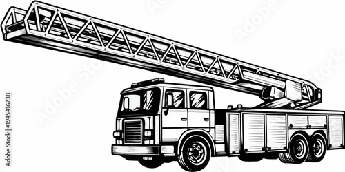 Vintage Fire Truck Ladder Engine Sketch - Emergency Rescue Service Vehicle Illustration