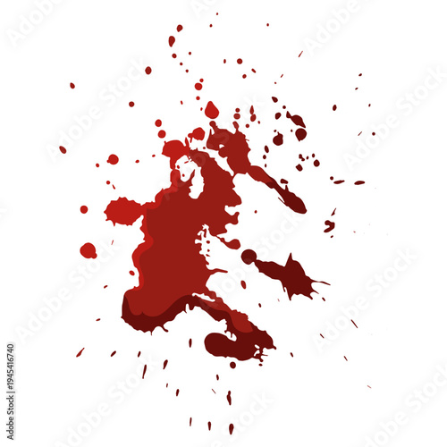 Red blood splatter with varied droplets and stains spreading across a clean white background, creating a dramatic, unsettling texture ideal for horror, crime, and medical themes
