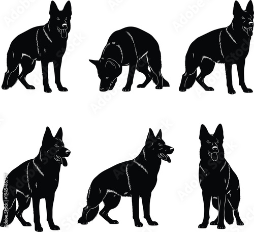 Set of German Shepherd silhouettes, black dog vector illustration, different poses, standing, sniffing, sitting, side view, front view, isolated, realistic.
