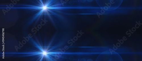 Abstract digital vector illustration featuring symmetrical bright blue lens flare effects against a dark deep navy background design element