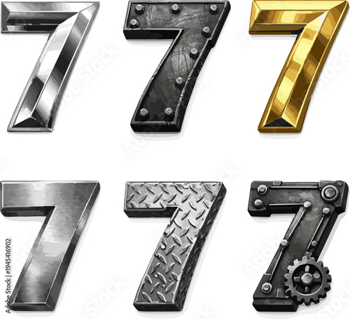 Create a realistic kinds of deferent 3d Metal numbers - number 7 vector art with white background..