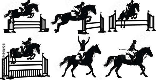 Set of horse and rider silhouettes in action, jumping over obstacles, showcasing the dynamic movements and athleticism of show jumping equestrian sport