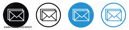Classic envelope icon set representing email, messaging, and digital correspondence. Clean outline and filled styles in blue and black for contact pages, newsletters, and mail notifications.