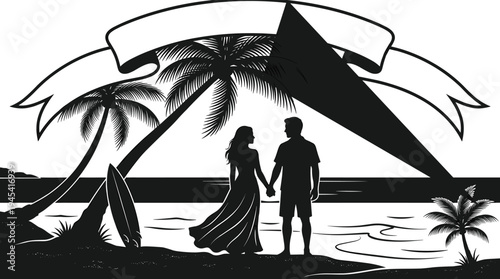Romantic beach couple silhouette with palm trees and surfboard, tropical sunset love scene, summer vacation romance illustration design