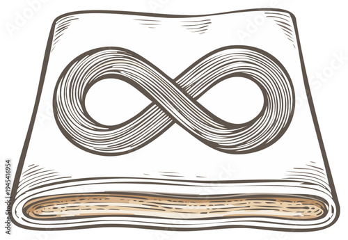 Detailed infinity symbol illustration on a piece of paper or open book cover in a vintage woodcut style
