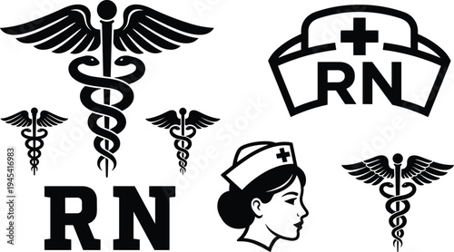 Registered nurse symbols set, RN medical icons collection with caduceus, nurse cap, healthcare emblem vector illustration isolated