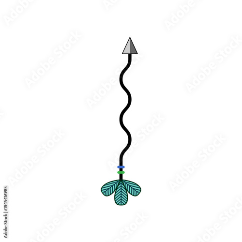 Abstract bohemian arrow illustration featuring a stylized wavy shaft, a simple arrowhead, and decorative leaf like fletching with colorful beads, embodying freedom and individuality