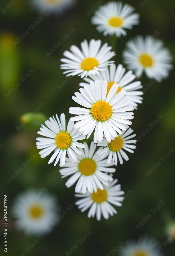 Fototapeta premium A close-up view of white daisies with yellow centers are blooming in the garden outdoors.