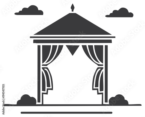Vector illustration of a gazebo, clouds and bushes