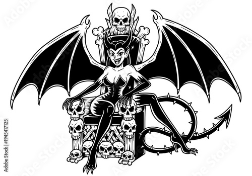 Seductive Succubus Queen on Skull Throne with Bat Wings and Devil Tail.
