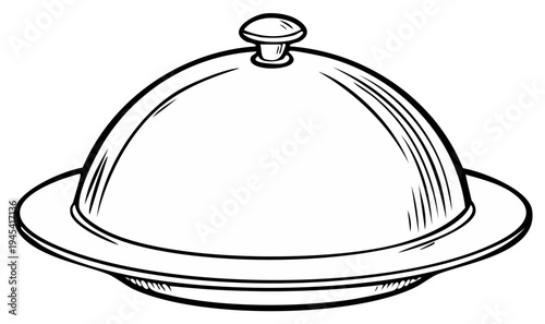 Elegant Food Cloche Black and White Drawing Isolated on White Serving Dome Cover Dish Illustration