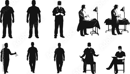 Set of professional medical staff silhouettes, including surgeons performing an operation, doctors, and nurses, ideal for healthcare and medical themes