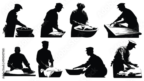 Bakery chef making bread silhouettes food production concept