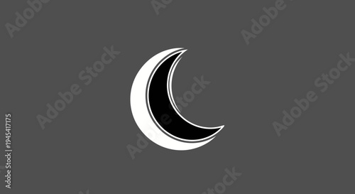 Minimalist stylized crescent moon graphic icon in black and white on a solid grey background, abstract lunar symbol