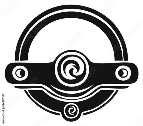 Symmetrical round abstract icon with tribal spiral patterns and ethnic ornamental design