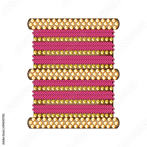 Indian churi bracelet vector art presenting a stack of golden bangles interspersed with vibrant pink thread patterns and decorative golden beads on a white background