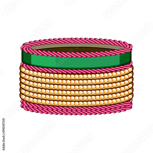 Cultural stack of intricate indian churi bracelets featuring vibrant pink twisted cords, sparkling golden beads, and a rich green ribbon, representing traditional adornment
