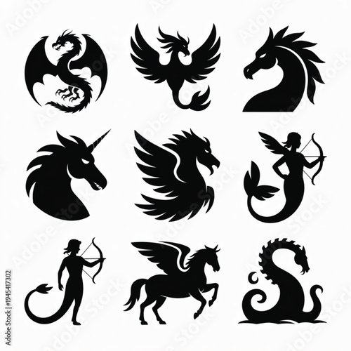 Set of 9 mythical creatures icons vector
