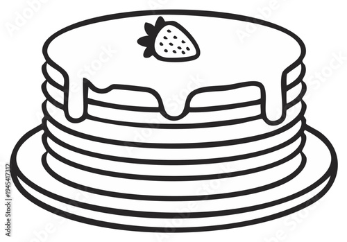 Stack of pancakes with strawberry topping and dripping syrup illustration