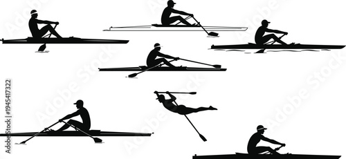 Set of Rowing and Kayaking Silhouettes, Vector Illustrations of Athletes in Boats with Oars, for Sports, Competition, and Water Activities