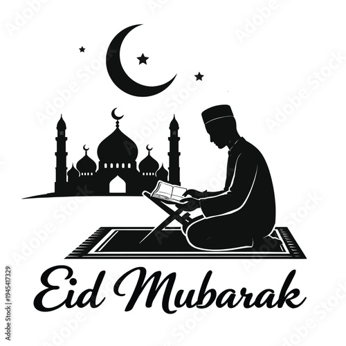 Eid mubarak celebration with mosque silhouette