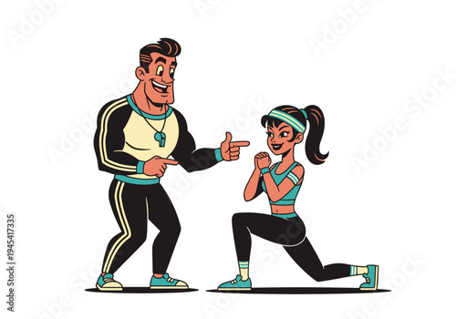 Personal trainer guiding a woman through a lunge exercise in a fitness setting.