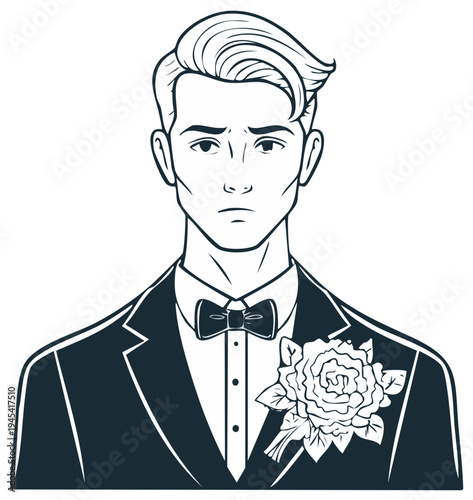 Line art portrait of an unhappy young groom in a tuxedo with a flower boutonnière