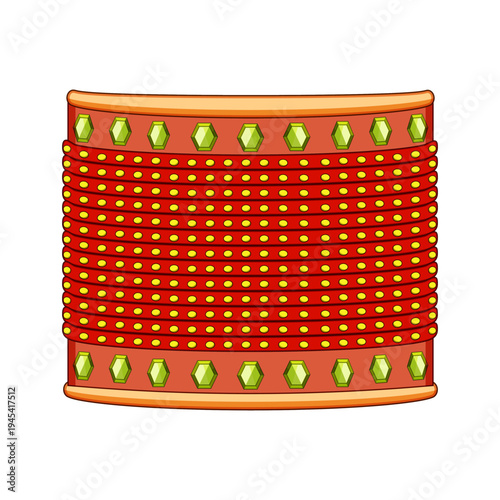 Indian churi bangles decorating arm, showcasing vibrant red color, golden dots, and green hexagonal gems, representing traditional south asian culture, celebration, and fashion accessories