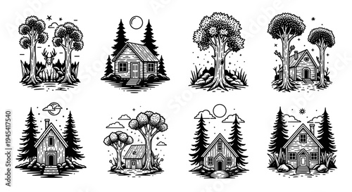 Rustic Cabins and Forest Trees Hand-Drawn Illustrations.