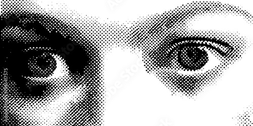 Futuristic alien head with large eyes in black and white halftone design