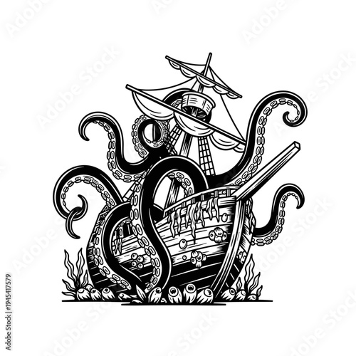 Kraken attacking a pirate ship in a vintage woodcut style.