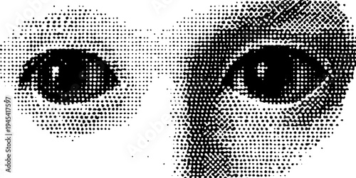 Monochrome alien head illustration with large eyes in halftone effect for conceptual art