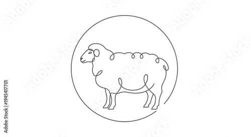 Elegant Continuous Line Art of a Sheep in a Circular Frame, Monochrome Farm Animal Illustration, Modern Minimalist Design